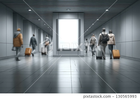 Modern Airport Hallway with Blank Billboard and Travelers Carrying Luggage 130565993