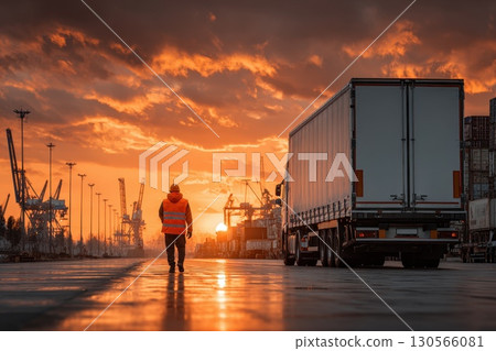 Truck Driver Locking Cargo Door at Sunset in Industrial Freight Yard Truck Driver Locking Cargo Door at Sunset in Industrial Freight Yard 130566081