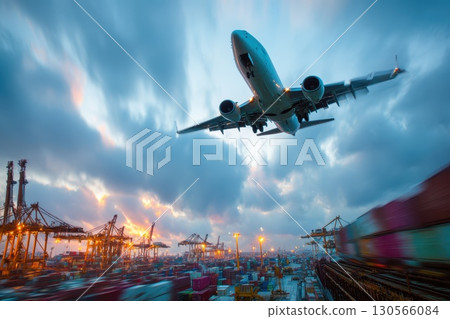 Airplane Soaring Over Rooftop Office with Open Sky and Industry Scene at Sunset 130566084