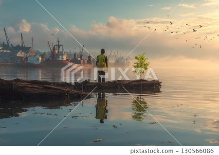 Worker Holding Sapling on Freight Dock with Sunrise Over Water and Ships in Background 130566086