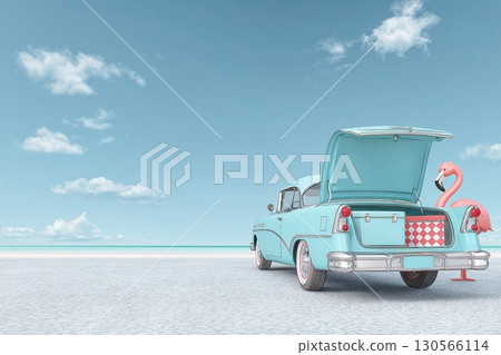 Vintage Car at Beach with Open Trunk and Inflatable Flamingo in a Bright Sky 130566114