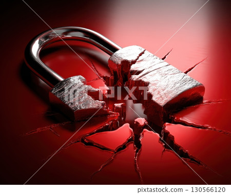 Broken Padlock Symbolizing Security Breach and Alert for Cyber Threats Broken Padlock Symbolizing Security Breach and Alert for Cyber Threats 130566120