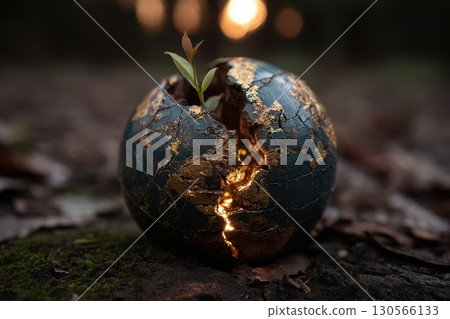 Cracked Earth Globe with Green Leaves Emerging from a Split Surface at Sunset 130566133