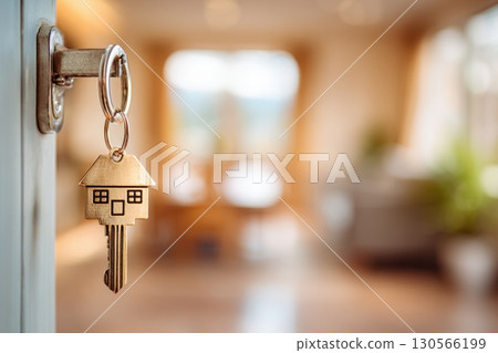 Key in Lock with Wooden House Keychain Hanging from Door in Cozy Home Interior Key in Lock with Wooden House Keychain Hanging from Door in Cozy Home Interior 130566199