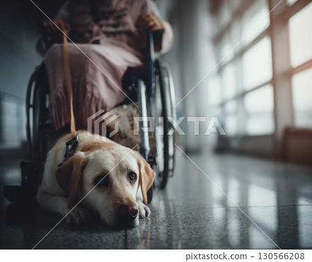 A woman in a wheelchair is holding a leash with a dog on it A woman in a wheelchair is holding a leash with a dog on it 130566208