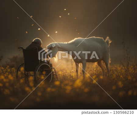Gentle Goat Nuzzling Shoulder of Wheelchair User in Warm Light 130566210