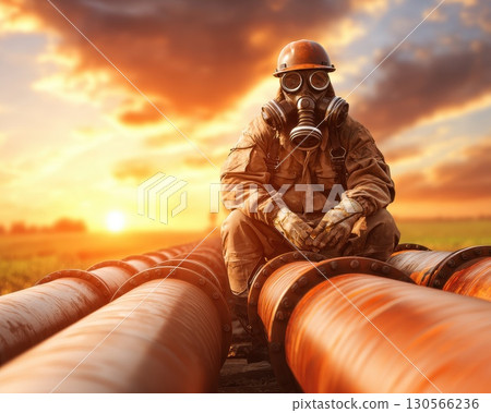 A man in a hazmat suit sits on top of a row of pipes 130566236