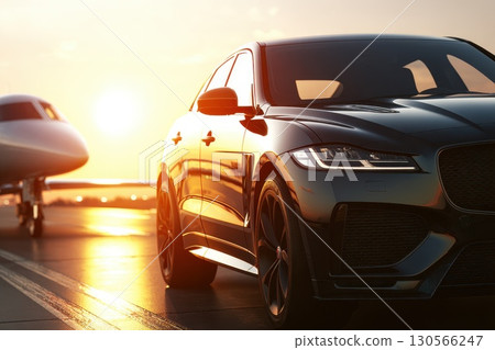 Sleek Black Luxury Car Parked Beside a Private Jet at Sunset on a Scenic Airport Runway Sleek Black Luxury Car Parked Beside a Private Jet at Sunset on a Scenic Airport Runway 130566247