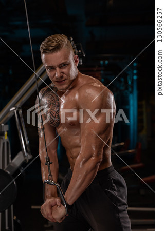 muscular man engages in a cable triceps exercise in a gym setting displaying his strength and determination. The training environment features various equipment and a well lit background. 130566257