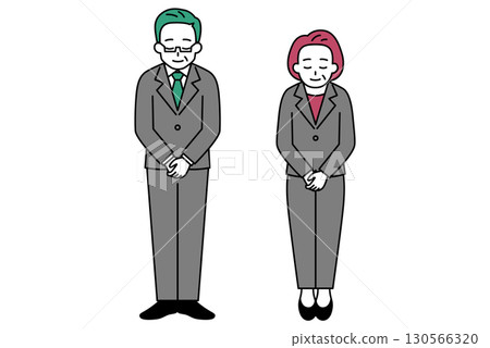一組穿著西裝的中年男女鞠躬（全身） 130566320