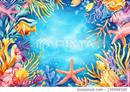 Colorful marine animals and coral frame vibrant underwater scene. Perfect for summer themes 130566500