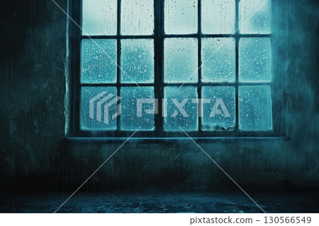 rainy window with water droplets creates cool blue atmosphere, featuring large empty center 130566549