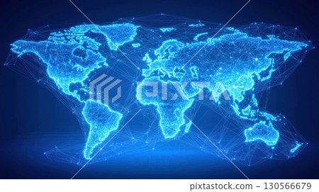 Global network map with glowing connections representing data flow and communication. Ideal for technology and business themes 130566679