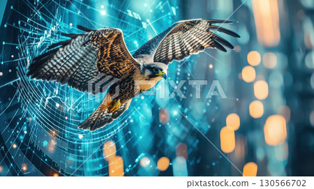 Stylized falcon soaring over digital background symbolizing investment vision and strategy 130566702
