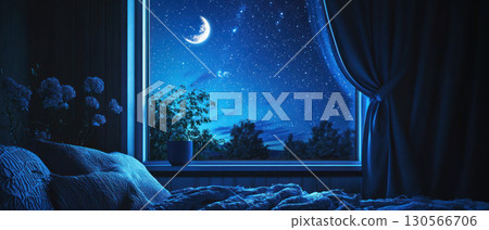 serene bedroom scene with open window revealing starry night sky, moonlight casting gentle glow, and sense of tranquility 130566706