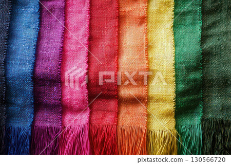 Interwoven rainbow threads creating vibrant fabric texture symbolizing unity and diversity 130566720