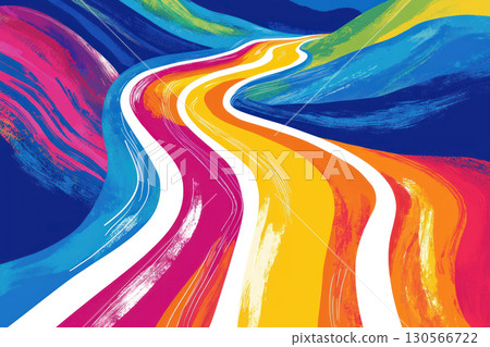 Colorful winding lines representing vibrant journey through abstract landscapes 130566722