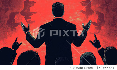 Confident speaker addressing focused audience with hints of deception. Engaging and persuasive atmosphere 130566724
