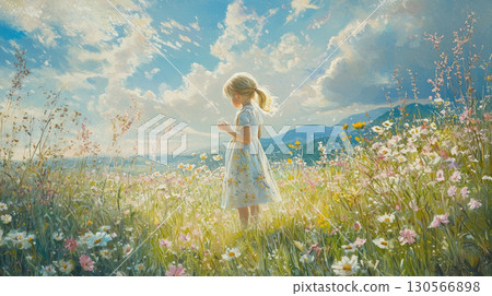child in sunlit meadow, surrounded by flowers, whispers happiness. Soft pastel colors create serene atmosphere 130566898