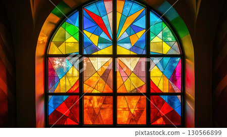 Colorful stained glass window with geometric patterns and vibrant hues, creating joyful atmosphere 130566899