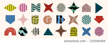 Colorful geometric shapes with stripes, dots, waves and grid textures in bright abstract style. Geometric and abstract shapes with playful crayon pattern. Perfect for kids design, stickers, fabric 130566906
