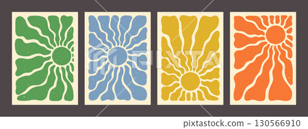 Sun pattern retro poster backgrounds in green, blue, yellow, and orange with groovy abstract wave rays. Vintage summer sunshine design with textured look. Perfect for wall art, prints, and decor 130566910