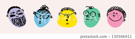 Face smile icon, emoji in crayon colorful doodle style. Happy face emoji in vector chalk texture. Perfect for stickers, kids art, social media 130566911