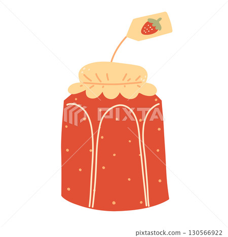 Vector autumn jam. Strawberry jam, in jar, fall element for stickers, scrapbooking, and patterns. Hand-drawn style. Hello, autumn. 130566922