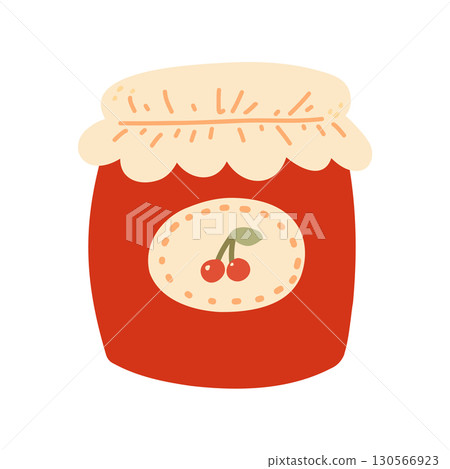 Vector autumn jam. Cherry jam, in jar, fall element for stickers, scrapbooking, and patterns. Hand-drawn style. Hello, autumn. 130566923