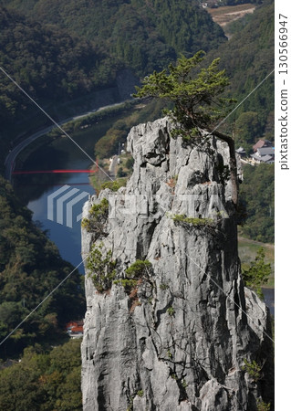 Overlooking the Meoto Iwa Rocks in Takahashi, Bitchu, Japan's Yellow Mountains 130566947