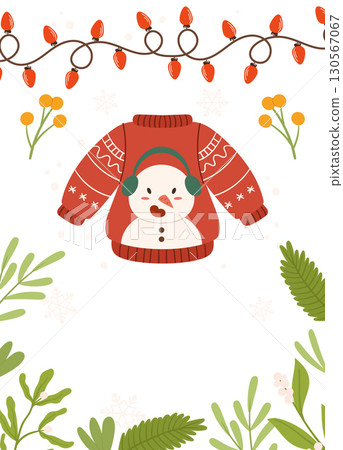 Festive Poster template frame featuring a red Christmas sweater with a snowman design, string lights, greenery, berries, and snowflakes on a white background. Festive Poster template frame featuring a red Christmas sweater with a snowman design, string lights, greenery, berries, and snowflakes on a white background. 130567067