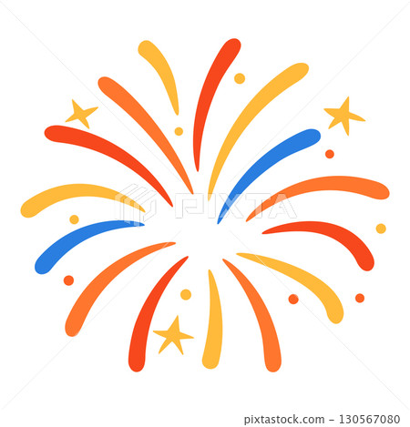Multicolored firework with curved lines and stars in cartoon flat style 130567080