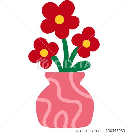 Cartoon pink vase with abstract wavy pattern and red flowers flat floral illustration 130567083