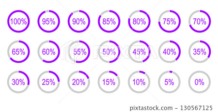 Circle graph percentage loading or infographics progress elements. Set of round diagrams icons from 0 to 100 percent. Color fill pie, pizza charts indicator template isolated on a white background. 130567125