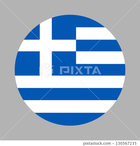 Greece round flag. Circular button, banner, icon. National sign. Travel icon, symbol. Greece round flag. Circular button, banner, icon. National sign. Travel icon, symbol. 130567235