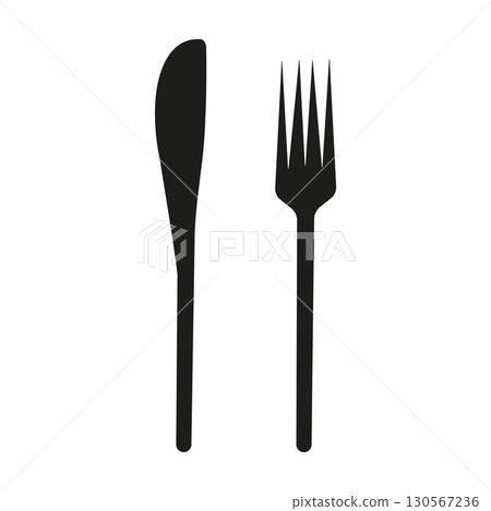 Knife and fork vector icons. Restaurant food symbol in black solid flat design. Signs isolated on a white background. Dinner sign template. Simple graphics symbols. Knife and fork vector icons. Restaurant food symbol in black solid flat design. Signs isolated on a white background. Dinner sign template. Simple graphics symbols. 130567236