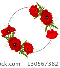 Red Poppy flower circle frame with space for text.  130567382