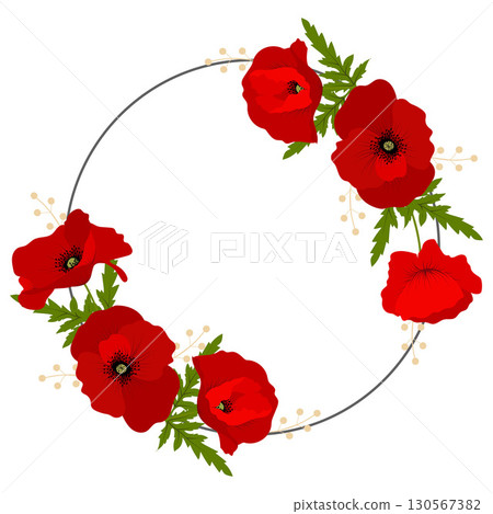 Red Poppy flower circle frame with space for text.  130567382