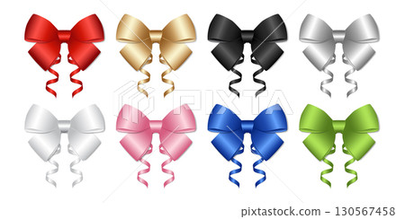 Set of 3d colorful shiny ribbon bow on white background vector illustration, 130567458