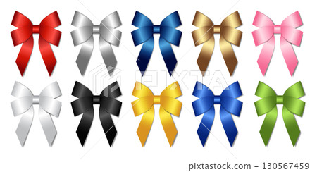 Set of 3d colorful shiny ribbon bow on white background vector illustration, 130567459