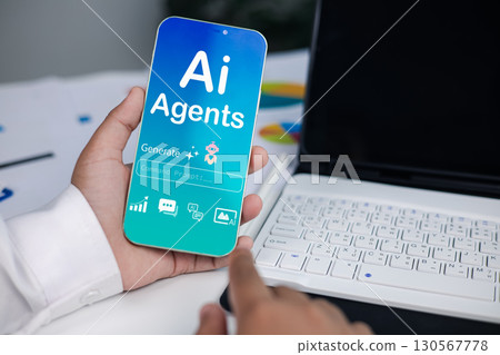 Hand Holding Smartphone with AI Agents Interface, Future Artificial Intelligence Mobile Technology Hand Holding Smartphone with AI Agents Interface, Future Artificial Intelligence Mobile Technology 130567778