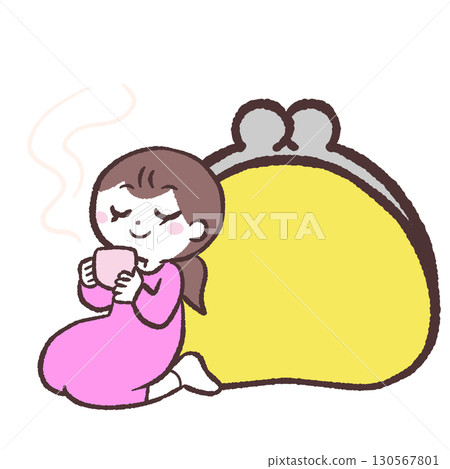Illustration of a woman drinking tea next to her wallet 130567801