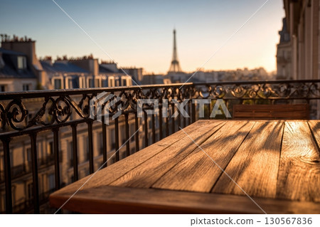 Empty wooden table on balcony with Eiffel Tower view at golden hour Paris skyline Empty wooden table on balcony with Eiffel Tower view at golden hour Paris skyline 130567836