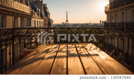 Empty wooden table on balcony with Eiffel Tower view at golden hour Paris skyline Empty wooden table on balcony with Eiffel Tower view at golden hour Paris skyline 130567840