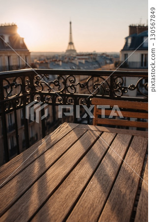 Empty wooden table on balcony with Eiffel Tower view at golden hour Paris skyline 130567849