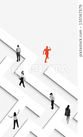Surreal collage art. Businesspeople walking maze path with one highlighted in red Surreal collage art. Businesspeople walking maze path with one highlighted in red 130567876