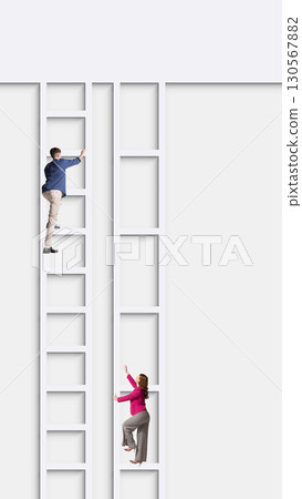 Creative collage. Businessman and businesswoman climbing symbolic ladders of career growth 130567882