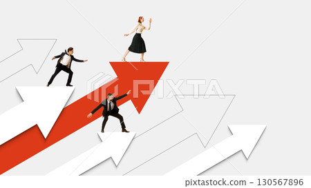 Composition with business team climbing arrows to reach leadership and success Composition with business team climbing arrows to reach leadership and success 130567896