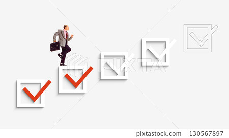Poster with businessman stepping on checkmarks toward progress and success Poster with businessman stepping on checkmarks toward progress and success 130567897