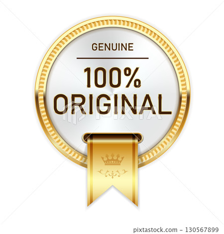 100% original product, gold medal with ribbon, genuine or primary item, badge or insignia, vector 130567899